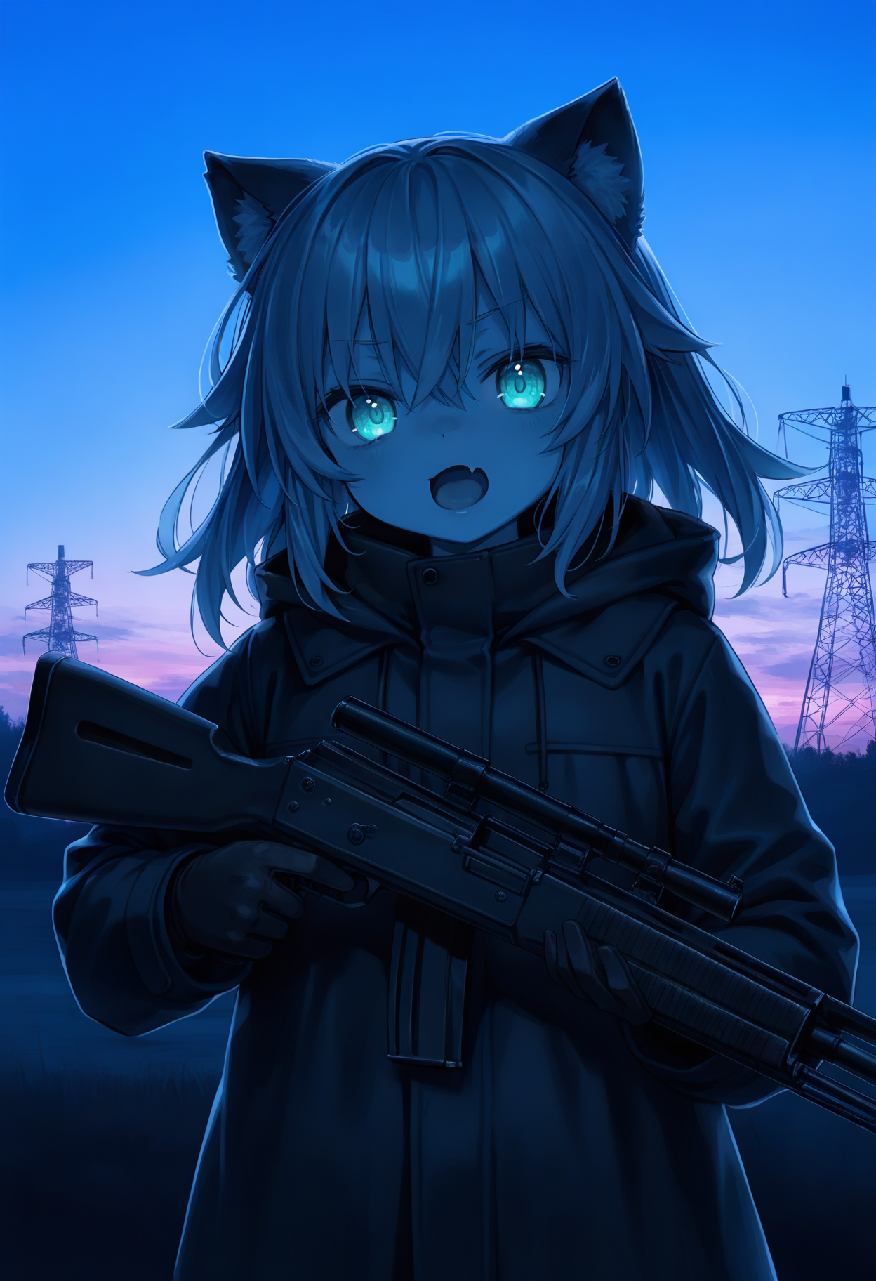 02037-318488861-1girl,animal ears,aqua eyes,battle rifle,blue theme,coat,dark,fang,gloves,gun,hair between eyes,holding,holding gun,holding weap.png
